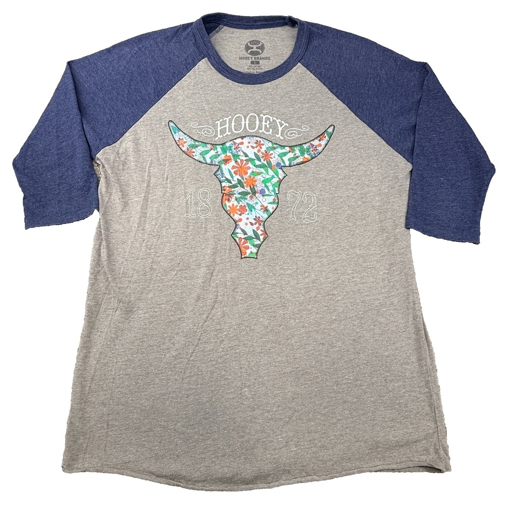 Hooey Graphic T Shirt‎ Women's Large Gray Blue Western Longhorn Skull Floral